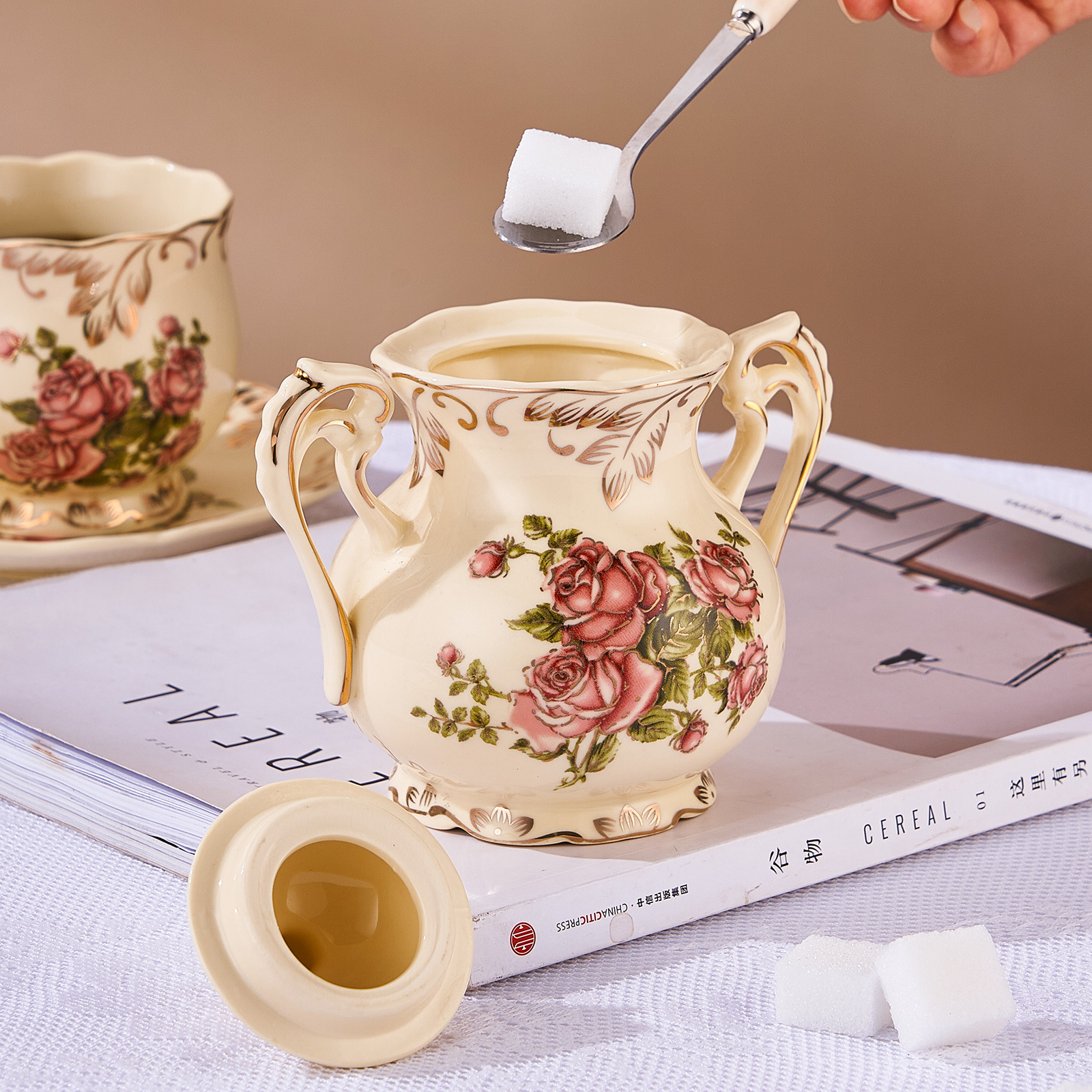 2pcs,Rose pattern ceramic milk - مراجعة Tea Coffee Sugar Container وسعره